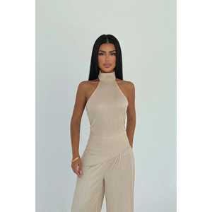 Traje de Pantalón Satinado Beige para Mujer de Oficina, Estilo Casual de Verano con Decoración de Botones y Pliegues - Product Image 2