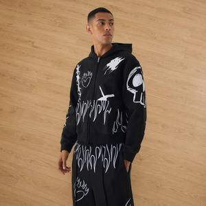 Conjunto de Chándal para Hombre de Algodón con Forro Polar, Estilo Urbano Y2K Grunge, con Gráfico de Corazón de Cereza y Llama, Cremallera Completa y Pierna Ancha, Venta al por Mayor Personalizada - Product Image 3