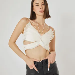 Chiffon White Butterfly Crop Top Backless Sexy Halter Neck 2022 Summer Hollow Out Women Tank Tops Y2K Sleeveless Cami Party