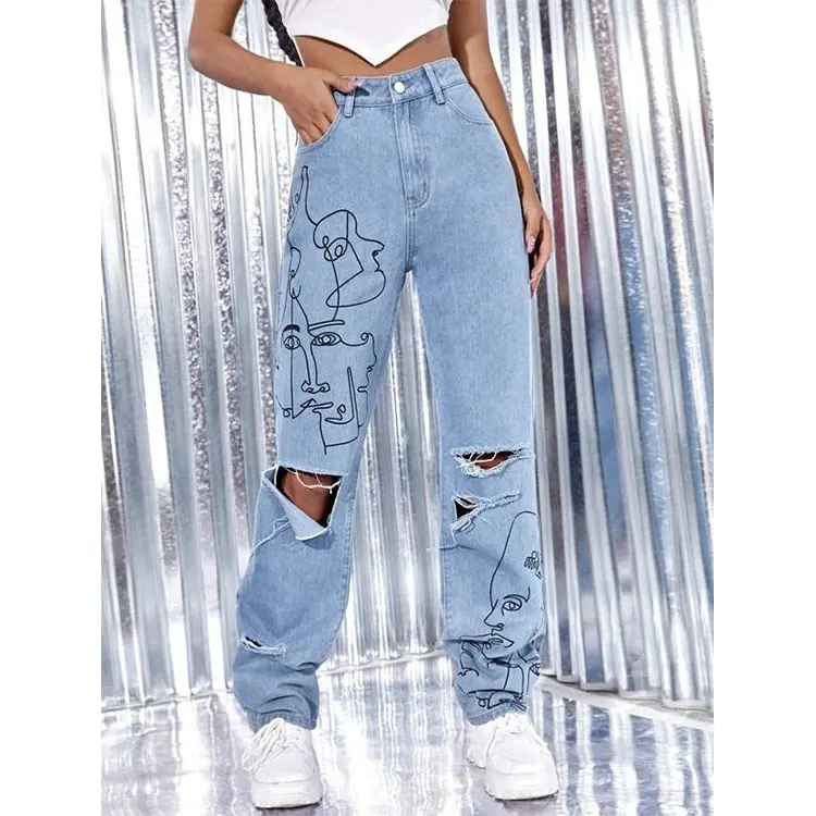 New Design Face Line Art Ripped knee Jeans Custom LOGO High Waist Long Printing Jeans Casual
