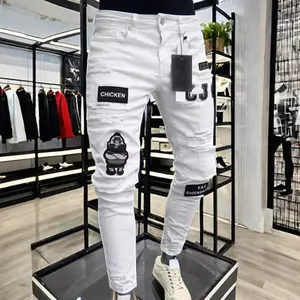 Jeans de cintura alta masculino, jeans skinny, jogger, tecido estampado casual azul branco, estampa de buraco, casual