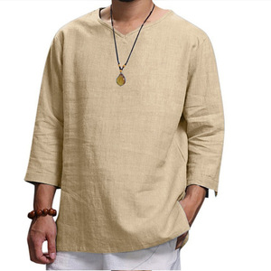 Nuova <span class=keywords><strong>T</strong></span>-<span class=keywords><strong>shirt</strong></span> da <span class=keywords><strong>Uomo</strong></span> in Cotone e Lino a Maniche Lunghe con <span class=keywords><strong>Scollo</strong></span> a <span class=keywords><strong>V</strong></span>, Design Oversize Tinta Unita, Casual per Vacanze e Street Style - Product Image 1