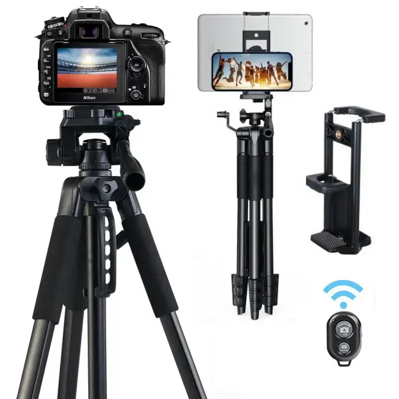 Tripod kamera pemotretan luar ruangan, Tripod kamera untuk dudukan kamera Travel aluminium, tongkat swafoto, dudukan ponsel untuk siaran langsung