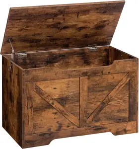 储物箱复古玩具箱收纳器带U形拉式储物凳安全铰链坚固的玩具箱木制木制玩具储物箱