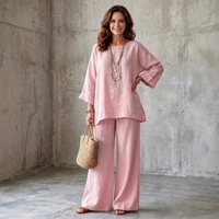 Ensemble décontracté 2 pièces pour femme en mélange coton-lin, coupe ample, col rond, haut à manches 3/4 et pantalon large, tenue de détente