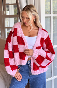 Suéter Cárdigan de Punto Grueso con Botones y Bordado <span class=keywords><strong>a</strong></span> Cuadros Rosa y Rojo, Estilo Americano Informal de Invierno para Mujer, Venta al Por Mayor - Product Image 2