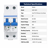 Wanbo-499 2P 600V DC 6kA Tipe A Inverter String PV Surya Gagang Biru DIN Rail Pemutus Sirkuit Miniatur DC