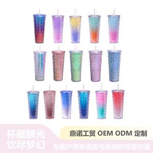 Shang Kou Ai Double Wall Plastic Cup Colorful Fish Scale Design Large Capacity With Straw Reusable Party Drinkware - Product Image 1