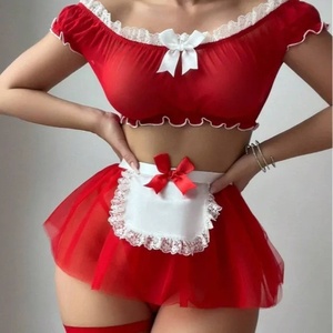 Ensemble de lingerie sexy en dentelle tissée, style demoiselle d'honneur, à épaules dénudées avec nœud, semi-transparent, à effet de maintien léger, pour jeu de rôle séduisant - Product Image 4