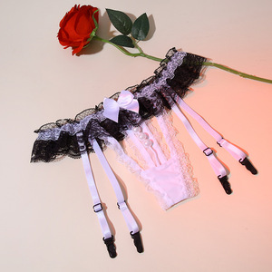 String sexy en dentelle à volants avec perles et entrejambe ouvert, avec <span class=keywords><strong>porte</strong></span>-jarretelles, pour femme, ensemble de lingerie exotique à nœud papillon et pinces à bas - Product Image 2