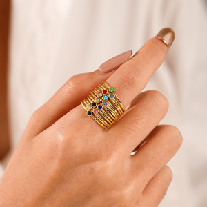 Anillos de Dedo Vintage de Verano de Acero Inoxidable con Circonita Cúbica Verde, Chapados en Oro de 18K, Resistentes al Agua, de Doble Capa, para Bodas y Regalos - Product Image 2