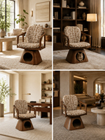 Lit pour chat en bois massif de luxe, fauteuil pivotant à 360° avec coussin amovible et grotte cachette pour chats et petits chiens