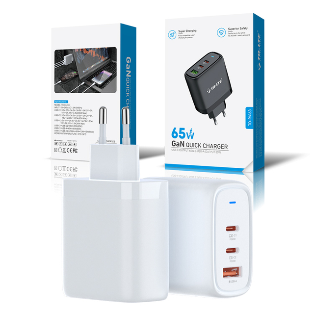 Hot Selling 65W USB-C PD Wall Charger Multi-Port (2 Type-C + 1 USB-A) OTP Protection GAN Material Custom Logo for US/EU/UK/AU