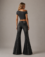 Jeans en denim délavé décontracté à volants style rétro américain pour femmes