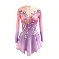 Robe de patinage artistique à manches longues dégradé rose-violet avec dos transparent orné de strass pour la compétition et les spectacles des adultes et des enfants
