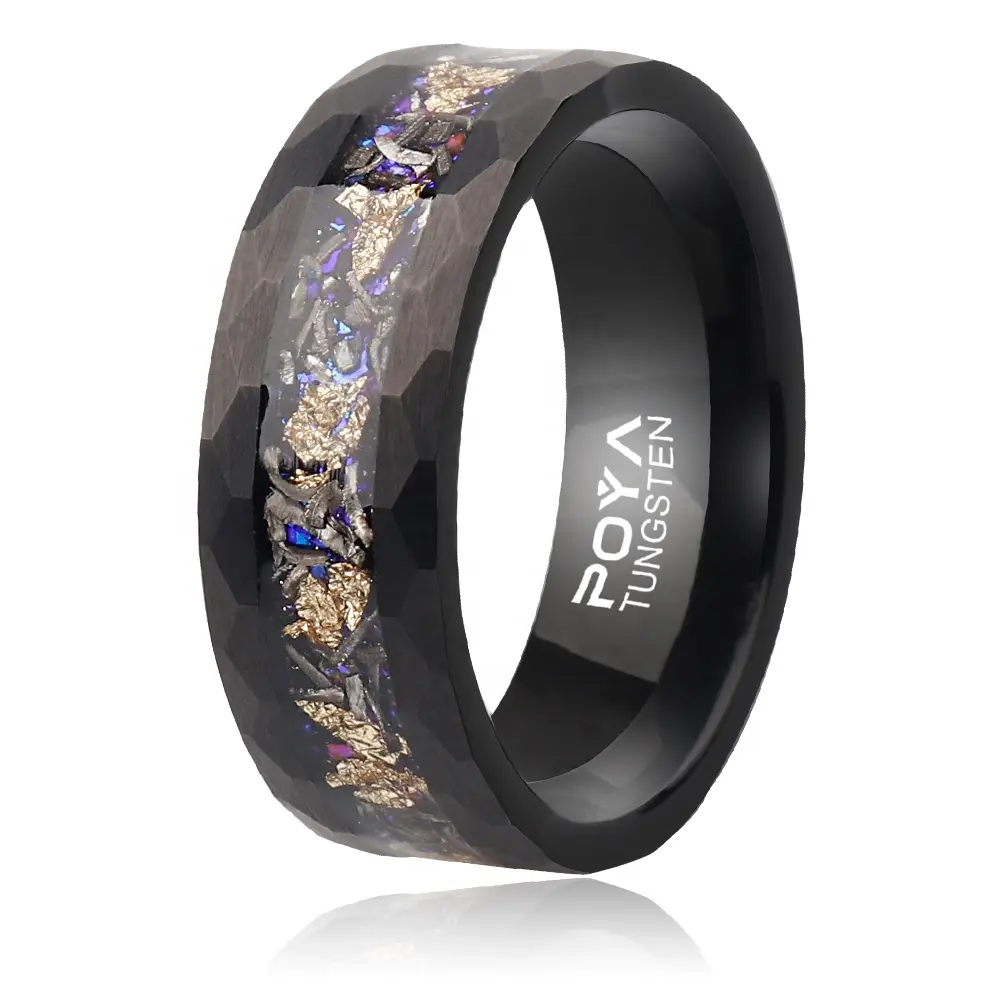 POYA Fire Opal Meteorite Gold Leaf Inlay Tungsten Ring 8mm Hammered Black Wedding Band for Men