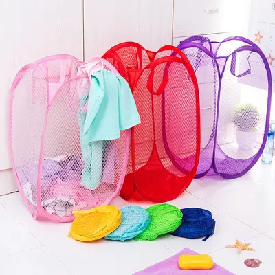 H578 Home Housekeeping Breathable Bag Baskets Washing Clothes Multi Colour Bin Clothes Storage Foldable Mesh Laundry Basket