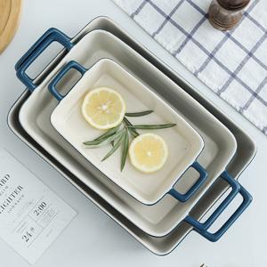 OEM 3er Set Keramik <span class=keywords><strong>Backform</strong></span> Lasagne Pfannen Blau Rechteck Steinzeug Back geschirr mit Griffen Backformen Sets Großhandel Keramik - Product Image 3