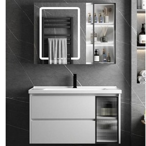 White Solid Wood Bathroom <b>Vanity</b> Ceramic Integrated Basin Smart <b>Mirror</b> Cabinet With Tricolor <b>Light</b> - Product Image 5