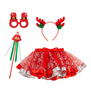 Falda tutú de encaje con estampado navideño para niñas, diadema, máscara para los ojos, varita mágica, conjunto de cuatro piezas, falda de malla ecológica para fiesta navideña - Product Image 4