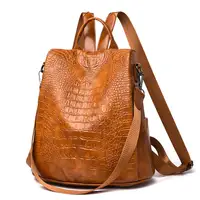 PU Leather School Backpack for Women, Crocodile Bag, Black
