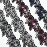 Bordure en dentelle florale brodée de sequins noirs |   Dentelle en maille florale colorée pour Abaya, Kaftan, manches de robe, bordure décorative