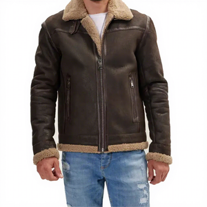 Chaqueta de Cuero Marrón Auténtico para Hombre, con Cuello de Piel de Oveja, Bolsillos con Cremallera, Chaqueta de Aviador B3, Abrigo Grueso y Cálido para Invierno, Personalizable - Product Image 1