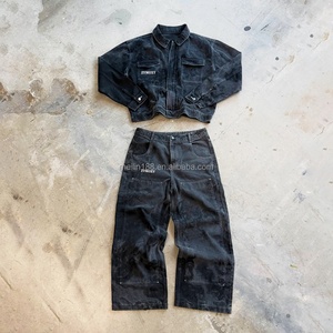 Custom High Quality Two Piece Set Button up Japanese Selvedge Raw Jacket and Jeans <b>Pants</b> Heavyweight Vintage Wash Denim Set Men - Product Image 1