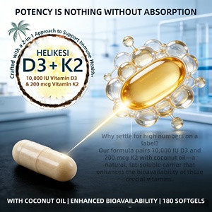 Suplemento Dietético <span class=keywords><strong>de</strong></span> Vitamina D y K Complex, 180 Cápsulas Blandas con <span class=keywords><strong>Aceite</strong></span> <span class=keywords><strong>de</strong></span> <span class=keywords><strong>Coco</strong></span> Virgen, D3 10000UI, K2 MK-7 200mcg, Apoyo Inmunológico - Product Image 6