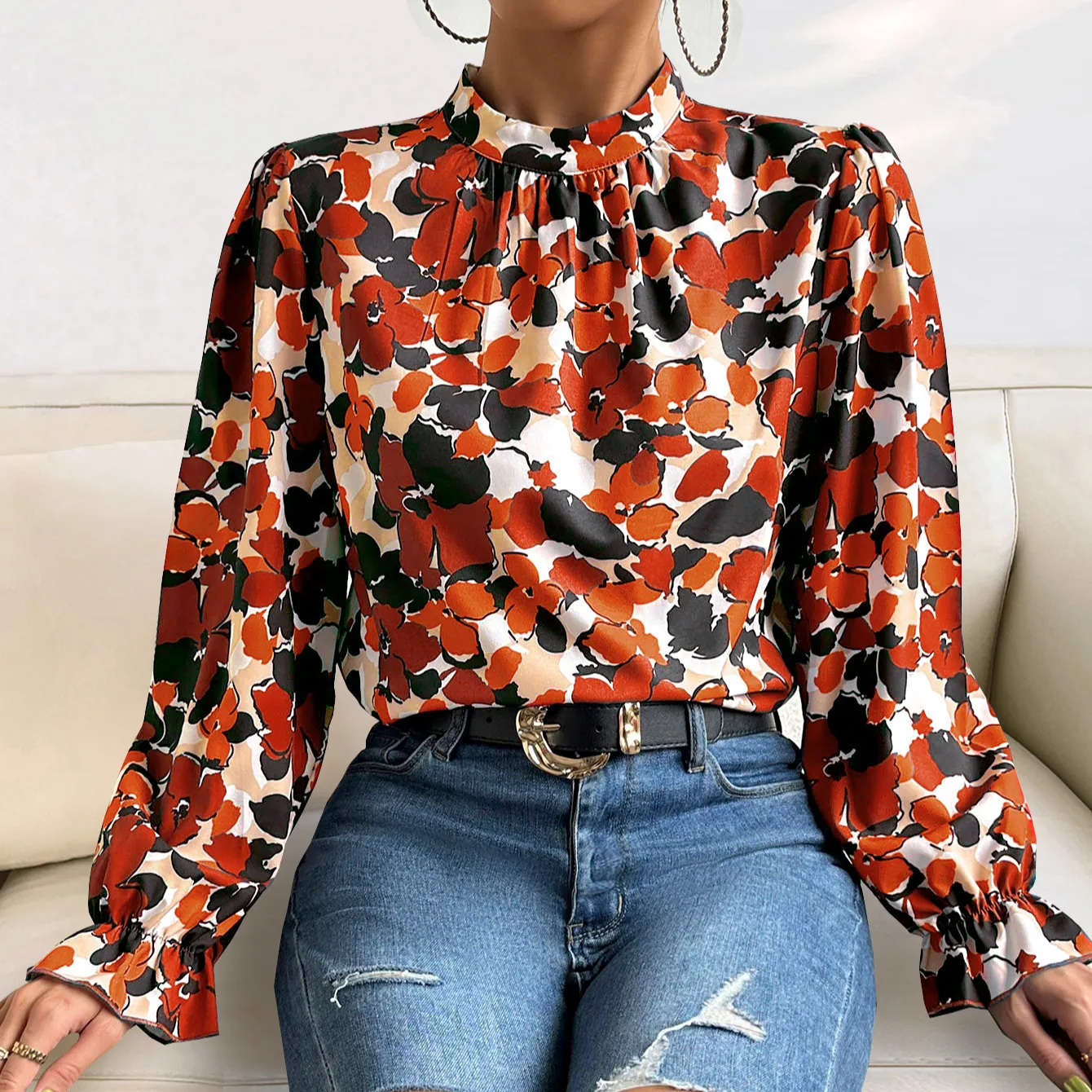 Original Design Spring Summer Womens Fashion Crew Neck Flower Printed Womens Shirts And Blouse Women Blouses And Tops Lady Sexy