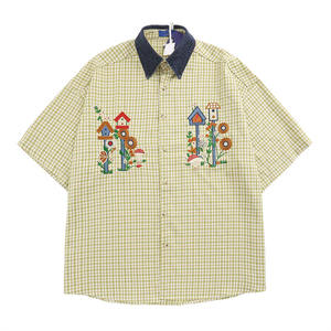 Heren Geruit Geborduurd Shirt Met Korte Mouwen Retro Casual Birdhouse Bloemenchampignon Borduurwerk Denim Kraag Kleurrijke Losse Vintage - Product Image 2