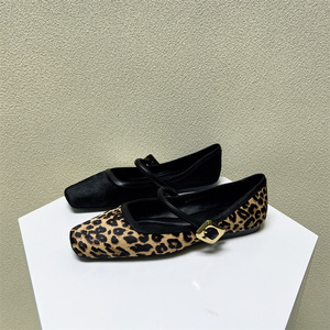 Fashion One Line With Leopard Print Square Head Flat Shoes Shallow Mouth Single Shoes Woman - Product Image 3