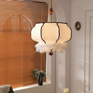 Lustre moderne rétro français pour chambre à coucher, café, en métal, tissu, <span class=keywords><strong>bois</strong></span>, plumes, lanterne suspendue de haute qualité, nouveau design - Product Image 4