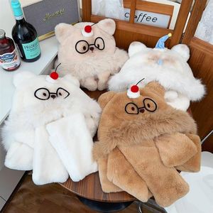 Conjunto de Gorro y Bufanda Cuadrados de Felpa Jacquard Blancos, Lindos y Cálidos para Invierno, Estilo Kawaii de Dibujos Animados para Niñas, Uso Diario - Product Image 3