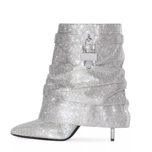 Botines cortos de tacón alto y fino para mujer con diamantes, botines de tobillo con cierre de tiburón para niña, zapatos con parte superior plisada superpuesta - Product Image 2