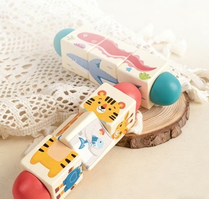 Jouet éducatif précoce pour enfants de 0 à 3 ans - Blocs de construction rotatifs en <span class=keywords><strong>bois</strong></span> sur le thème des animaux marins - Product Image 4