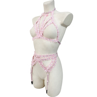 Ensemble de Lingerie Érotique Rose Personnalisé pour Femmes avec Soutien-Gorge Halter à Nœud en Dentelle Florale Pailletée et Porte-Jarretelles, Vente en Gros, OEM ODM Accepté