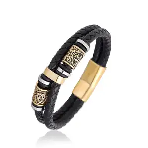 Bijoux Viking nordiques en acier inoxydable or Double barre Bracelet en cuir tressé Bracelet en cuir multicouche pour hommes