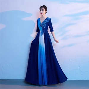 Women's Long Evening Gown V-Neck Empire Waist Blue Red 3D Pattern Choir Performance Host Attire Coming Of Age Ceremony Dress - Product Image 3
