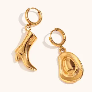 G2462 Wholesale 18K PVD Gold Plated Stainless Steel Pendant Hat Drop Cowboy Boot Earrings for Women Fashion Jewelry Earrings
