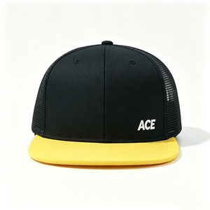 Custom Logo Black Yellow Character Unisex Trucker <b>Hat</b> Breathable Mesh Back Trucker Cap OEM Wholesale Printed <b>Flat</b> Brim - Product Image 2