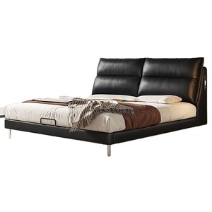 Italian Vintage Style Genuine Leather <b>Bed</b> Double Size With <b>Soft</b> Backrest Modern Minimalist Design For Master And Secondary - Product Image 5