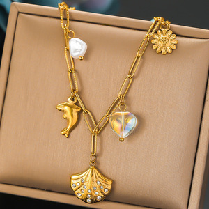 European American Retro Gold Plated Dolphin Scallop Pendant Necklace With Iridescent Heart Pearl Stainless Steel Chain Gift - Product Image 1