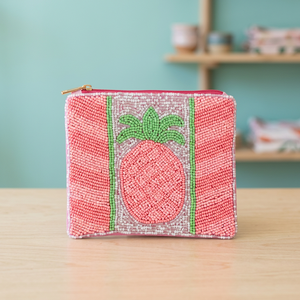 Handmade Beaded Pineapple Zipper Pouch Pink Green Embroidered Coin Purse Fashion <b>Square</b> Shape - Product Image 3