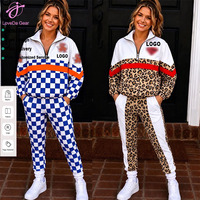 Ensemble de survêtement sportif Loveda pour femme, nouvelle collection, avec logo personnalisé, motif à carreaux, demi-zip, sweat-shirt et pantalon, deux pièces, coupe-vent