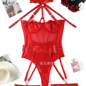 Lencería sexy, body rojo de malla con tiras y liguero, ropa de club para mujer, para <span class=keywords><strong>la</strong></span> noche de <span class=keywords><strong>la</strong></span> luna de miel, malla transparente. - Product Image 4