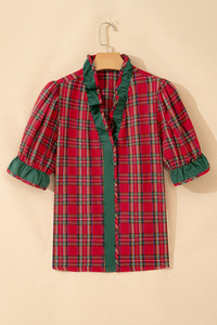 <strong>Women</strong> Christmas Red <strong>Tartan</strong> Plaid Ruffle Blouse V Neck Puff Short Sleeve Button Down Holiday Shirt Custom Logo Print - Product Image 5