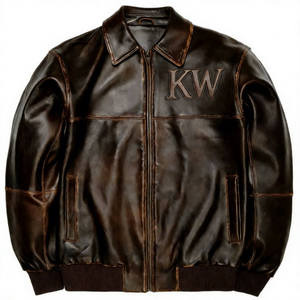 جاكيت طيار من الجلد الطبيعي بتصميم مخصص، جاكيت بومبر من جلد الحملان البني المعتق، تصميم مطرز حسب الطلب - Product Image 2