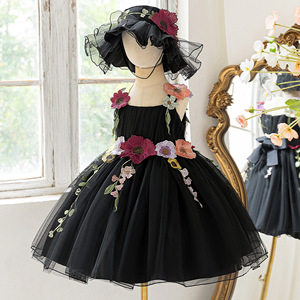 Abito da Principessa con Bretelle e Ricami Floreali 3D per Bambine, Vestito Formale in Tulle Nero per Matrimoni e Feste di Compleanno, Abbigliamento per Bambini all'Ingrosso - Product Image 1