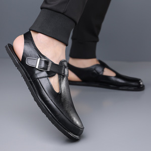 Sandalias con correa en T para hombre, de cuero genuino, punta abierta, suela de goma, informales, transpirables, con hebilla, fáciles de poner, para verano. - Product Image 4